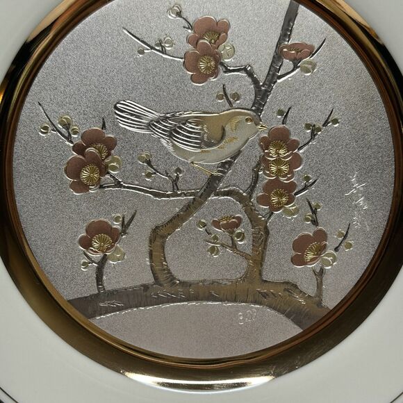 Vintage Art Of Chokin Plate 24k Rims “Early Spring Plum & Nightingale” Bird 10" - Picture 10 of 11